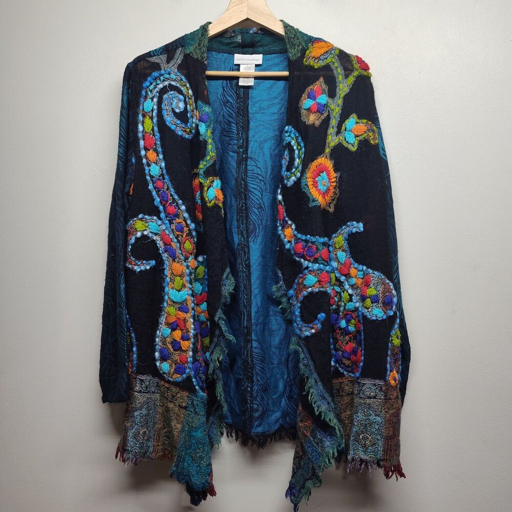 Soft Surroundings Cardigan Sweater Women S Black Colorful Embroidered Bohemian